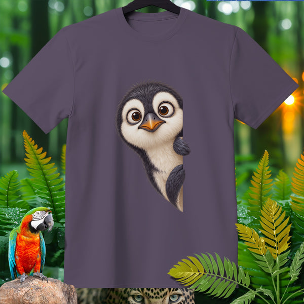 T-shirt with a cartoon penguin peeking from the side.
