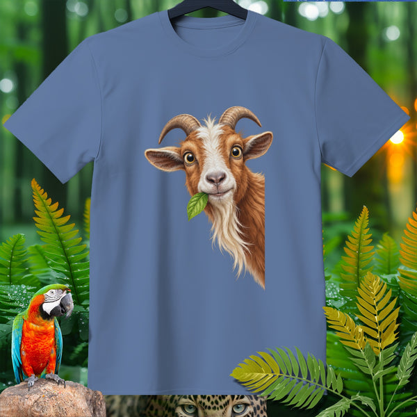 Blue t-shirt with a brown goat's face and green leaf on its mouth.