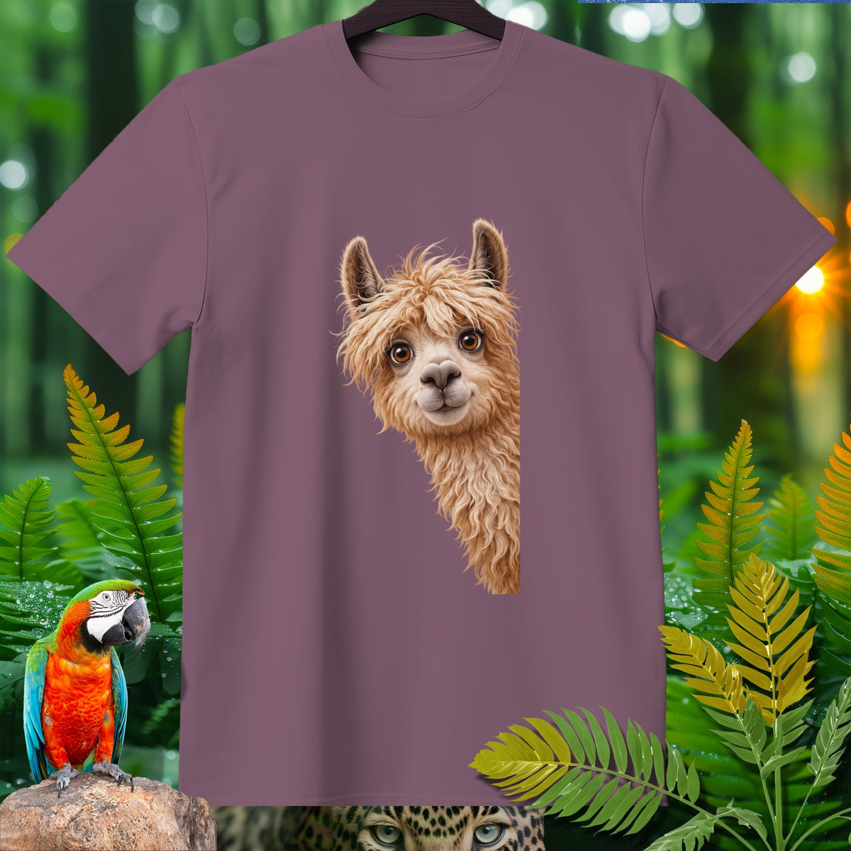 T-shirt with a cartoon llama peaking from the side, surrounded by jungle foliage.