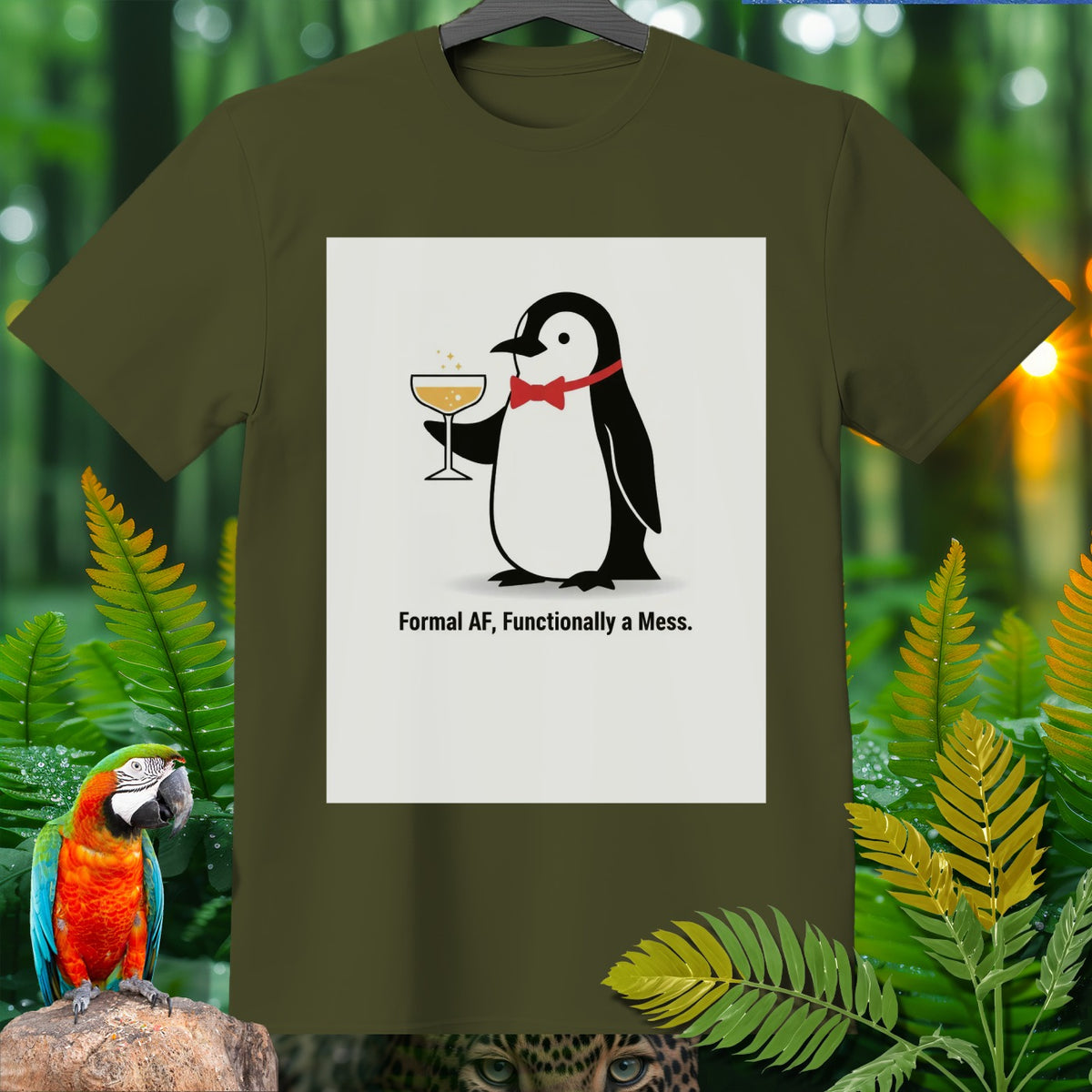 Olive t-shirt with a graphic of a penguin holding champagne, text reads "Formal AF, Functionally a Mess."