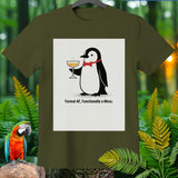 Olive t-shirt with a graphic of a penguin holding champagne, text reads 