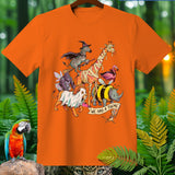 Orange t-shirt with cartoon animals in costumes, including a zebra witch and mummy giraffe.