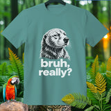 Teal t-shirt with a black and white dog graphic and text 