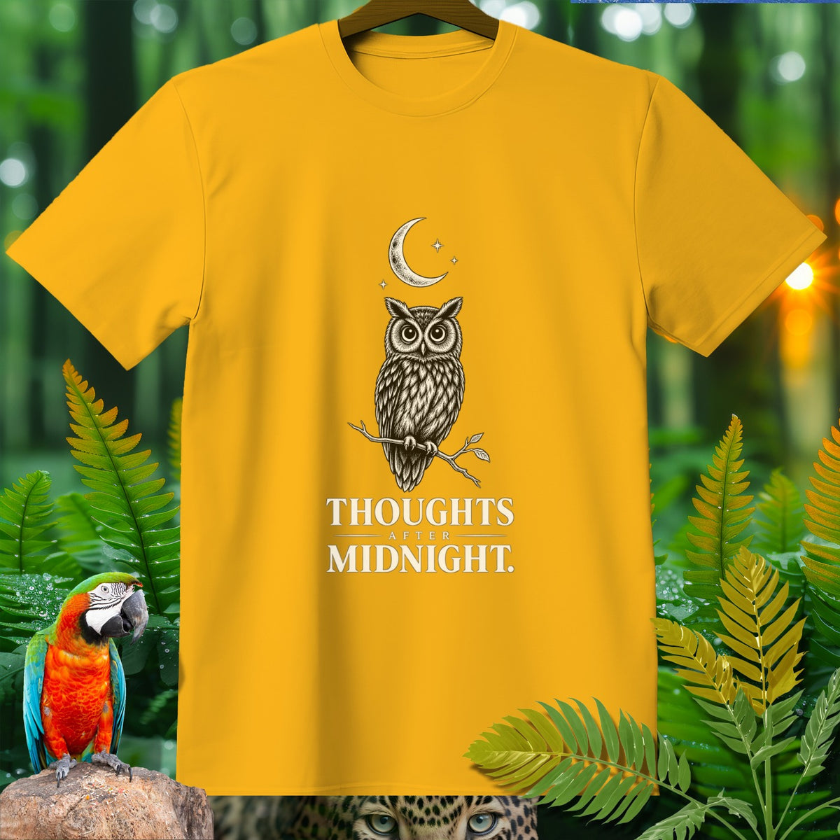 Yellow t-shirt with owl design and text "Thoughts After Midnight."