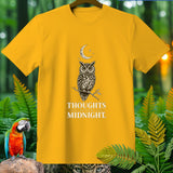 Yellow t-shirt with owl design and text 