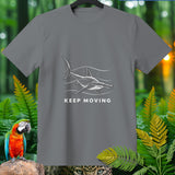 Grey t-shirt with a hammerhead shark graphic and text 