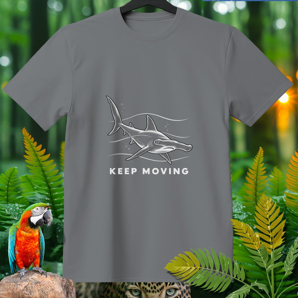 Grey t-shirt with a hammerhead shark graphic and text "KEEP MOVING".