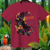 Maroon t-shirt with black panther and jungle foliage design, reading 