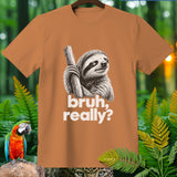 T-shirt with a sloth holding a branch and the text 