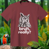 Maroon t-shirt with a Great Horned Owl graphic and 