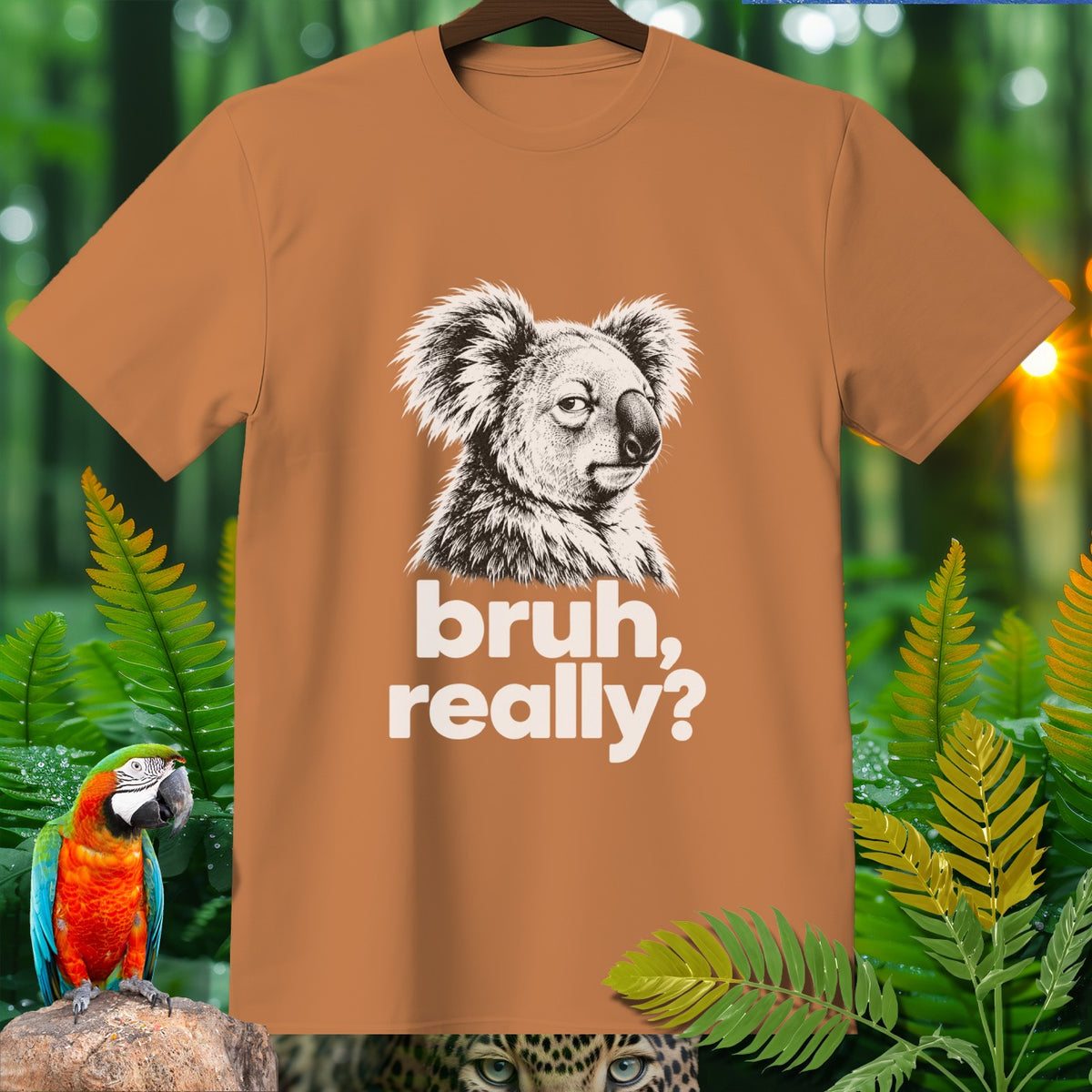 Brown t-shirt with a sketch of a koala and the text "bruh, really?".