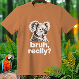 Brown t-shirt with a sketch of a koala and the text 