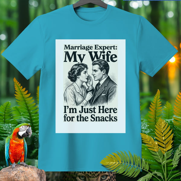 Turquoise t-shirt with graphic: "Marriage Expert: My Wife. I'm Just Here for the Snacks."