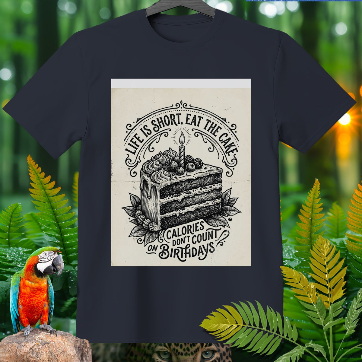 Dark blue t-shirt with a black and white illustration of a slice of cake and text.