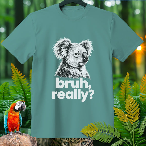 Teal t-shirt with a koala graphic and text "bruh, really?".