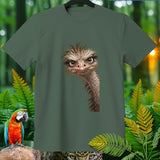 Green t-shirt with cartoon ostrich, macaw, and leopard eyes design.