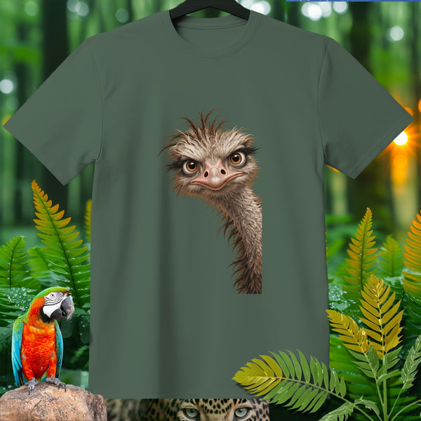 Green t-shirt with cartoon ostrich, macaw, and leopard eyes design.