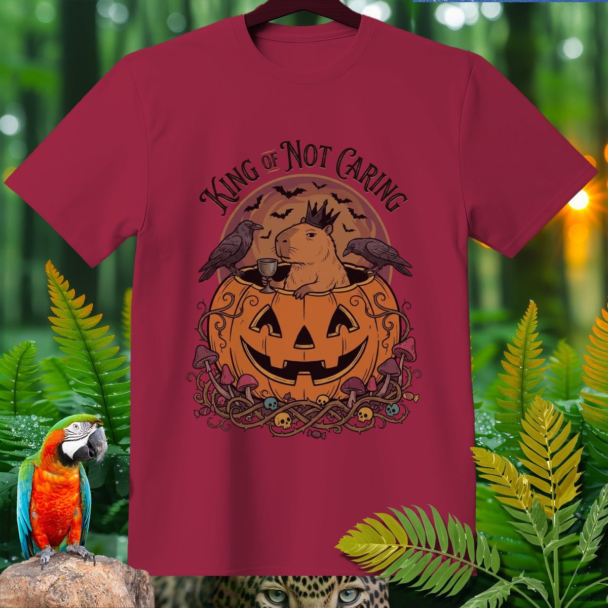 Capybara in pumpkin with text "KING OF NOT CARING", surrounded by crows and bats.