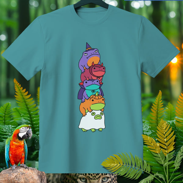 Teal t-shirt with stack of five cartoon frogs in Halloween costumes.