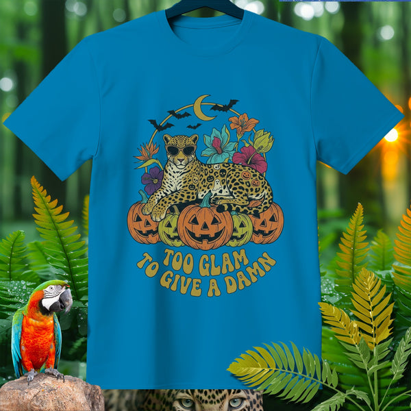 Turquoise t-shirt with a leopard on pumpkins graphic and text "Too glam to give a damn."