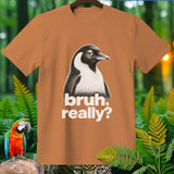 Orange t-shirt with a penguin graphic saying 