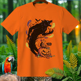 Orange t-shirt with a Halloween graphic featuring a werewolf, mouse, and pumpkin.