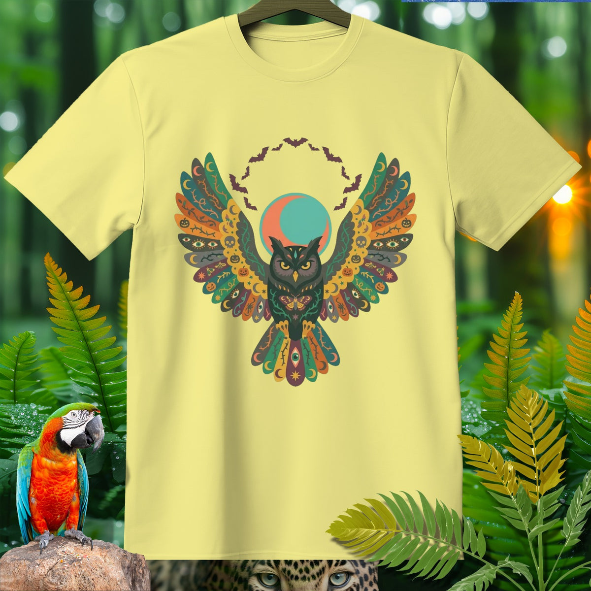 Yellow t-shirt with a colorful owl graphic featuring moon, bats, and Halloween symbols.
