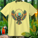 Yellow t-shirt with a colorful owl graphic featuring moon, bats, and Halloween symbols.