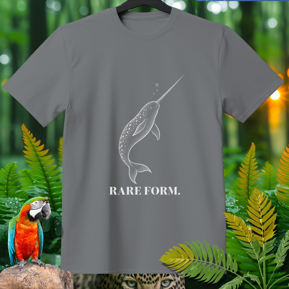 Gray t-shirt with white narwhal graphic and text "RARE FORM."