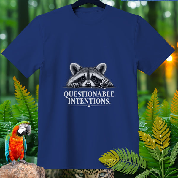 Dark blue t-shirt with a raccoon and the text "QUESTIONABLE INTENTIONS."