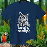 Navy t-shirt with a detailed owl graphic and text 