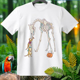 T-shirt design with skeleton giraffe, meerkats, and Halloween pumpkin.