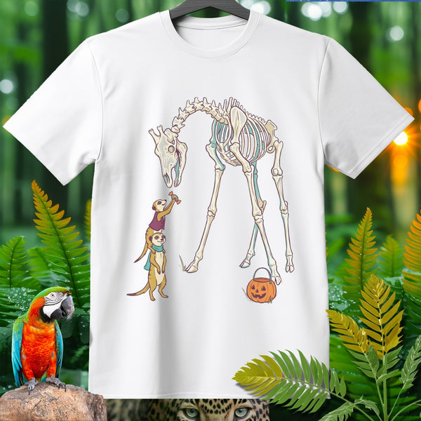 T-shirt design with skeleton giraffe, meerkats, and Halloween pumpkin.