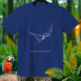 Navy t-shirt with white manta ray graphic and text 