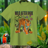 Green t-shirt with tiger, pumpkins, and 