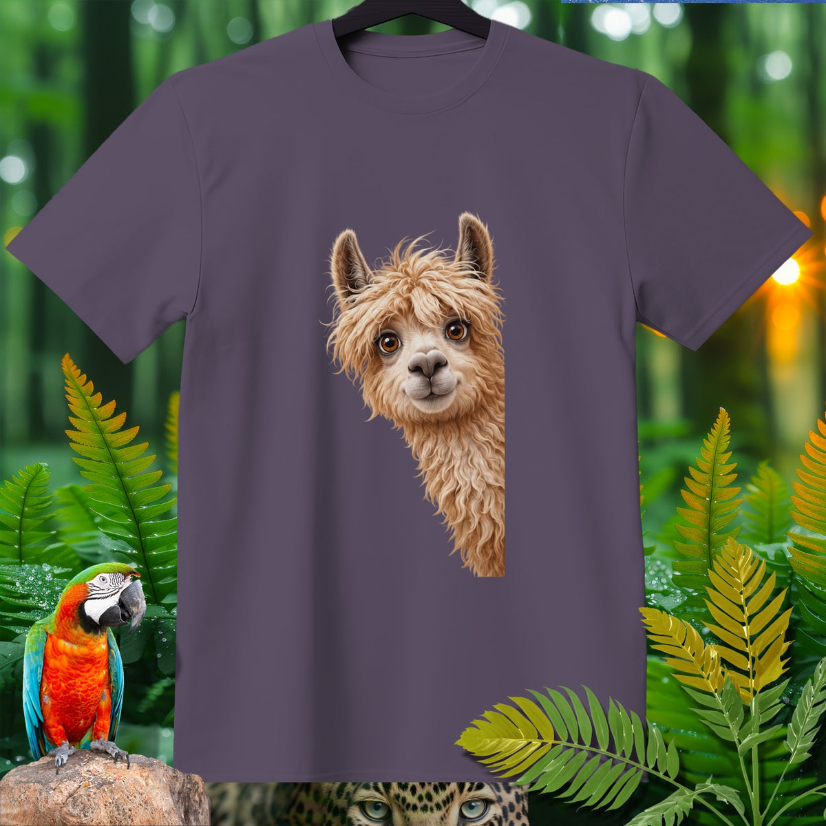 Purple t-shirt with a playful alpaca peeking from the side.