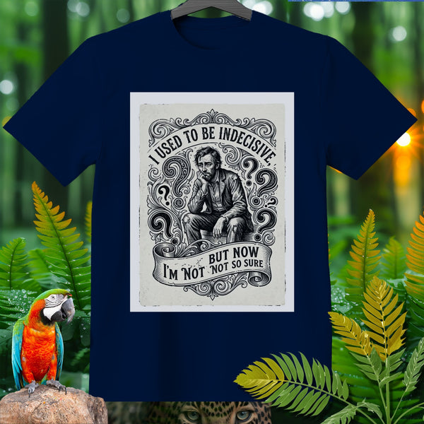 T-shirt with graphic: "I used to be indecisive, but now I'm not so sure."