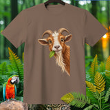 Brown t-shirt with a brown and white goat eating a green leaf.