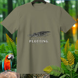 Olive green t-shirt with a black and white alligator graphic and the text 