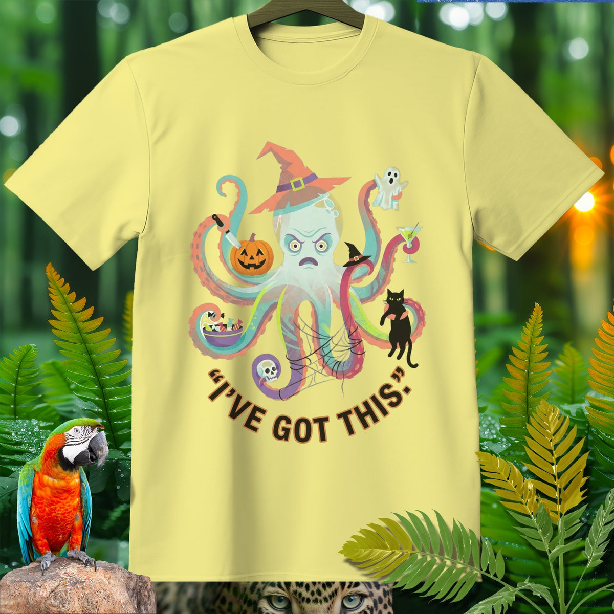 Light yellow t-shirt with a Halloween octopus graphic and the text "I'VE GOT THIS".