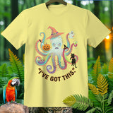Light yellow t-shirt with a Halloween octopus graphic and the text 