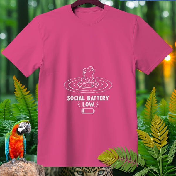 Pink t-shirt with a frog graphic and "SOCIAL BATTERY LOW" text.