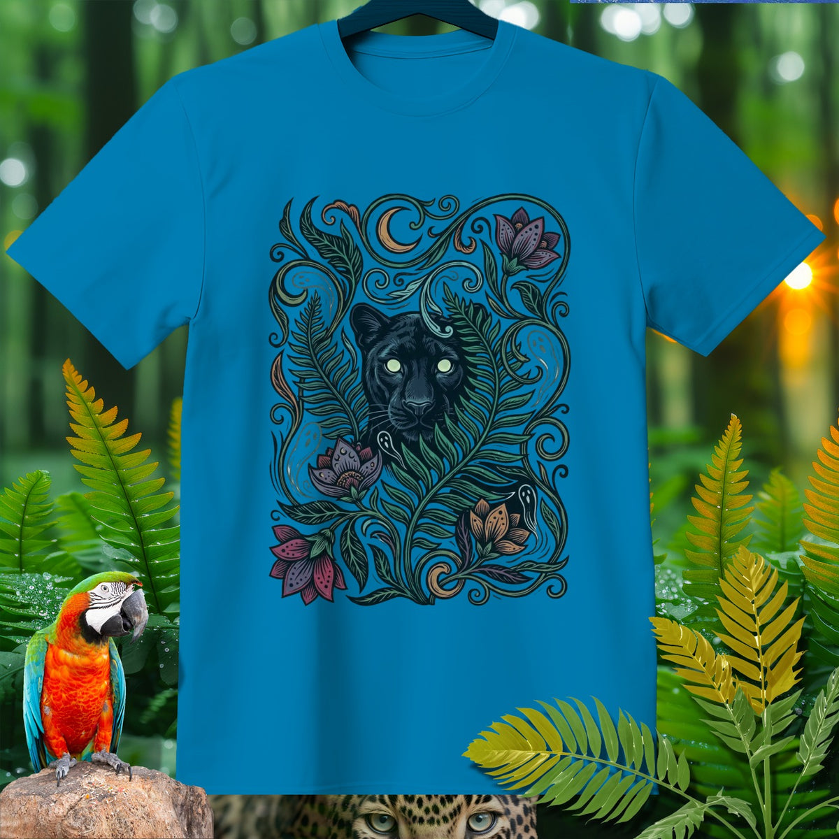 Blue t-shirt with black panther and floral design with crescent moon.