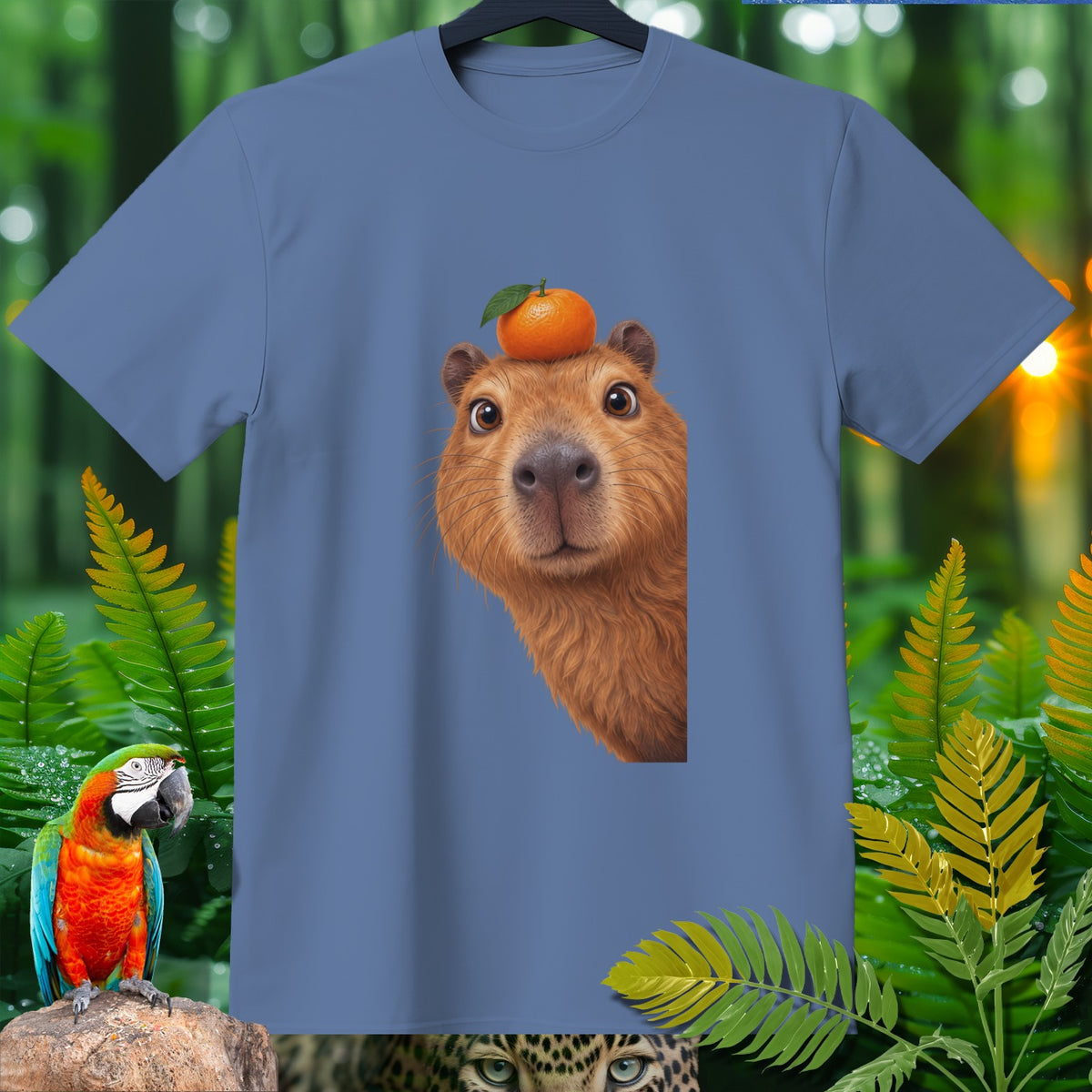 Capybara with an orange on its head on a blue t-shirt with jungle background.