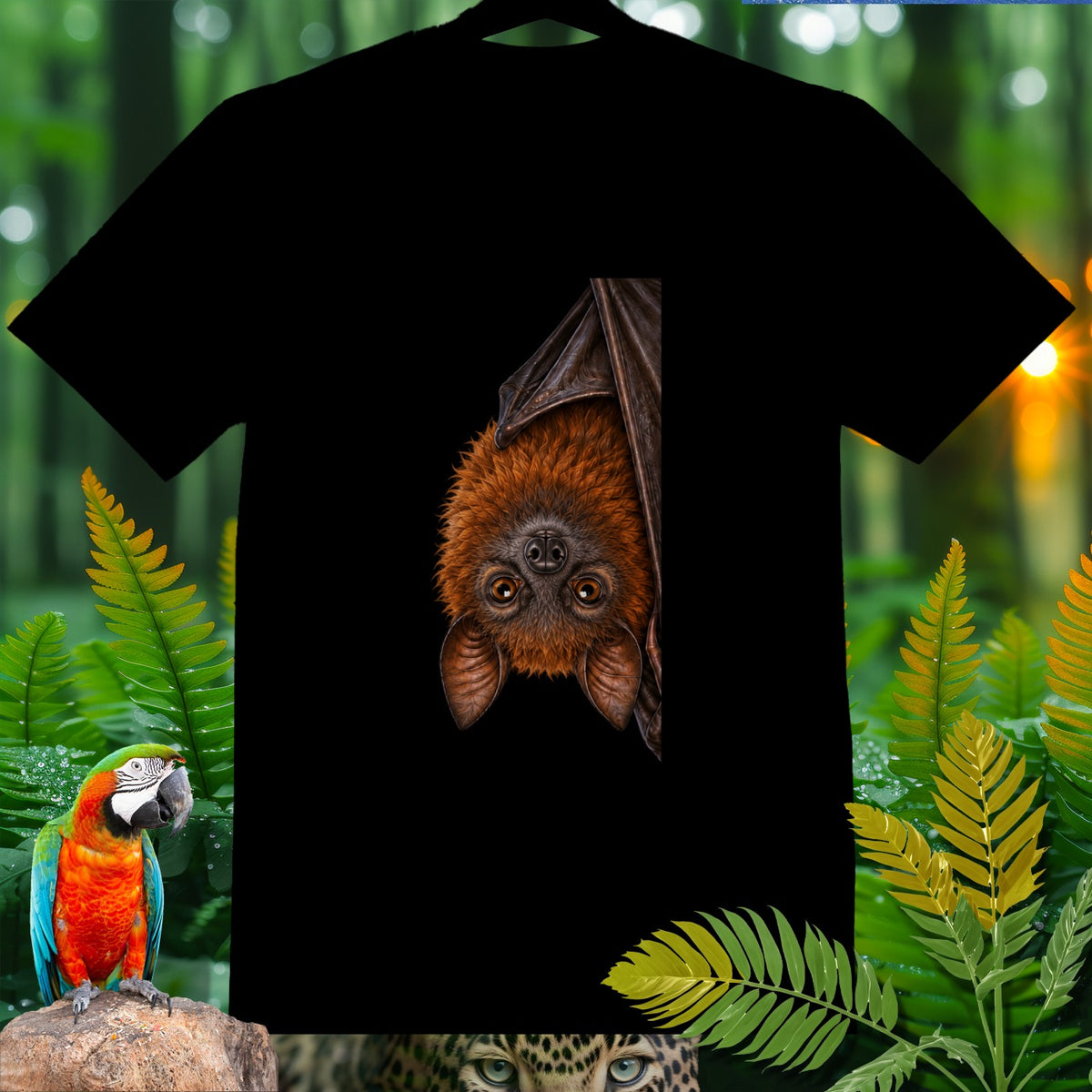 Black t-shirt with a detailed illustration of an upside-down bat.