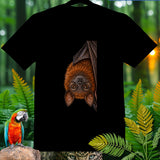Black t-shirt with a detailed illustration of an upside-down bat.