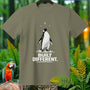 T-shirt graphic with a penguin and text "BUILT DIFFERENT."