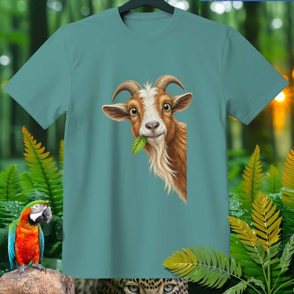 Teal t-shirt with a brown goat chewing a green leaf and a macaw.