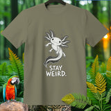 Olive green t-shirt with a cartoon axolotl and text 