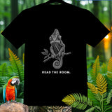 Black t-shirt with a chameleon on a branch and 
